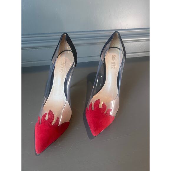 Schutz DEN Flame Pointy‑Toe Clear Pumps Red/Black Suede Sz 7.5 Brazil Edgy Vamp - Picture 8 of 8